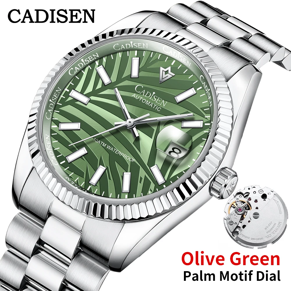 

CADISEN New Men Mechanical Watch Olive Green Palm Motif Dial Top Brand Luxury Automatic Watch 100M Waterproof Gift Watch For Men