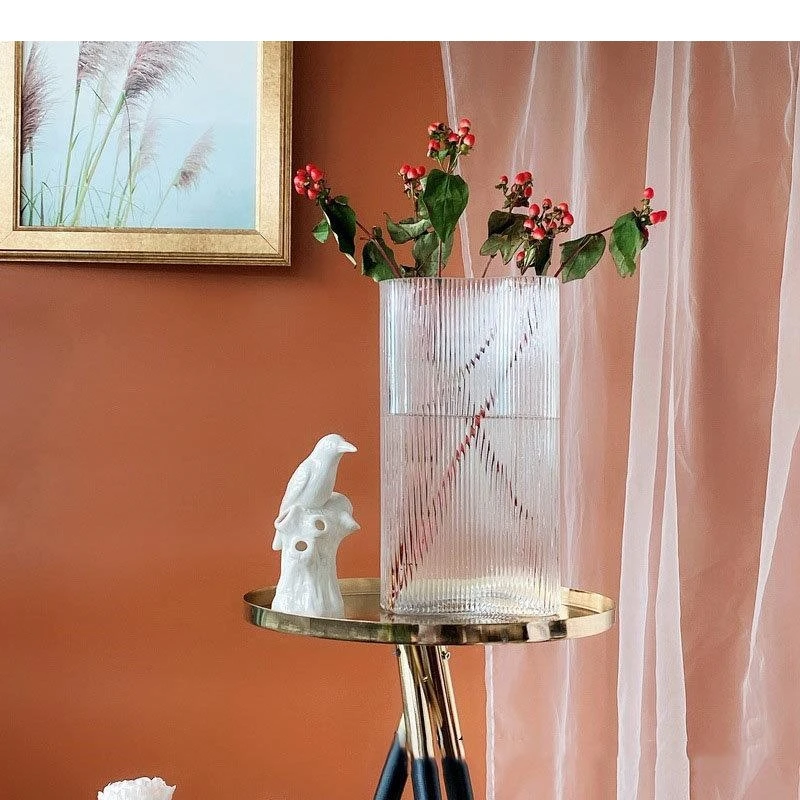 Large Diameter Vertical Grain Glass Vase Hydroponics Flower Pots Decorative Arrangement Desk Decoration Floral Vases