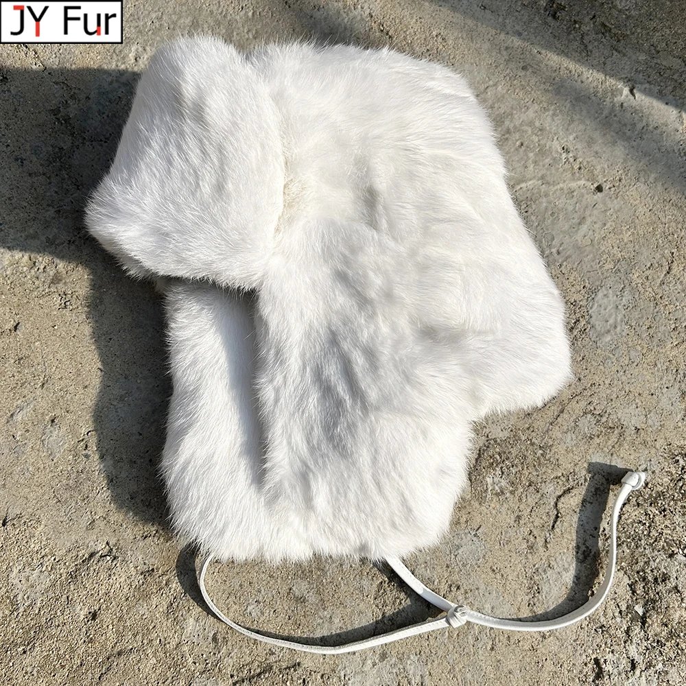 

2025 New Rabbit Fur Cap Man Winter Genuine 100% Fur Bomber Hat Windproof Warm Earmuffs Male Flat Russian Hat Fitted Casquette