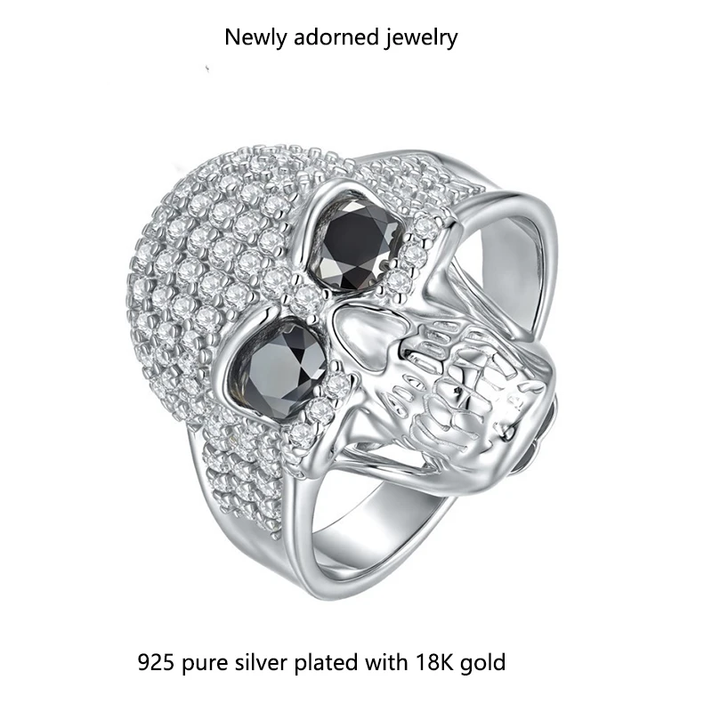 

Men's fashion skull ring, Western style, vintage S925 silver inlaid moissanite ghost head finger accessory