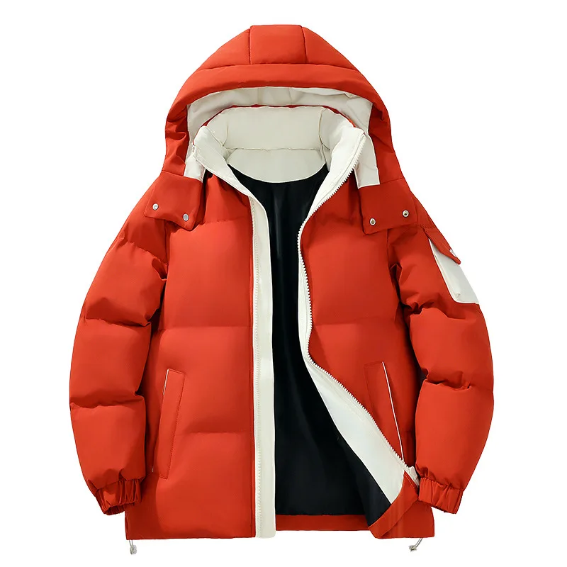2025 Man Down Jacket Winter Thicken Stand Collar Hooded Male Outerwear Contrast Color Long Sleeve Loose Comfortable Men Coat