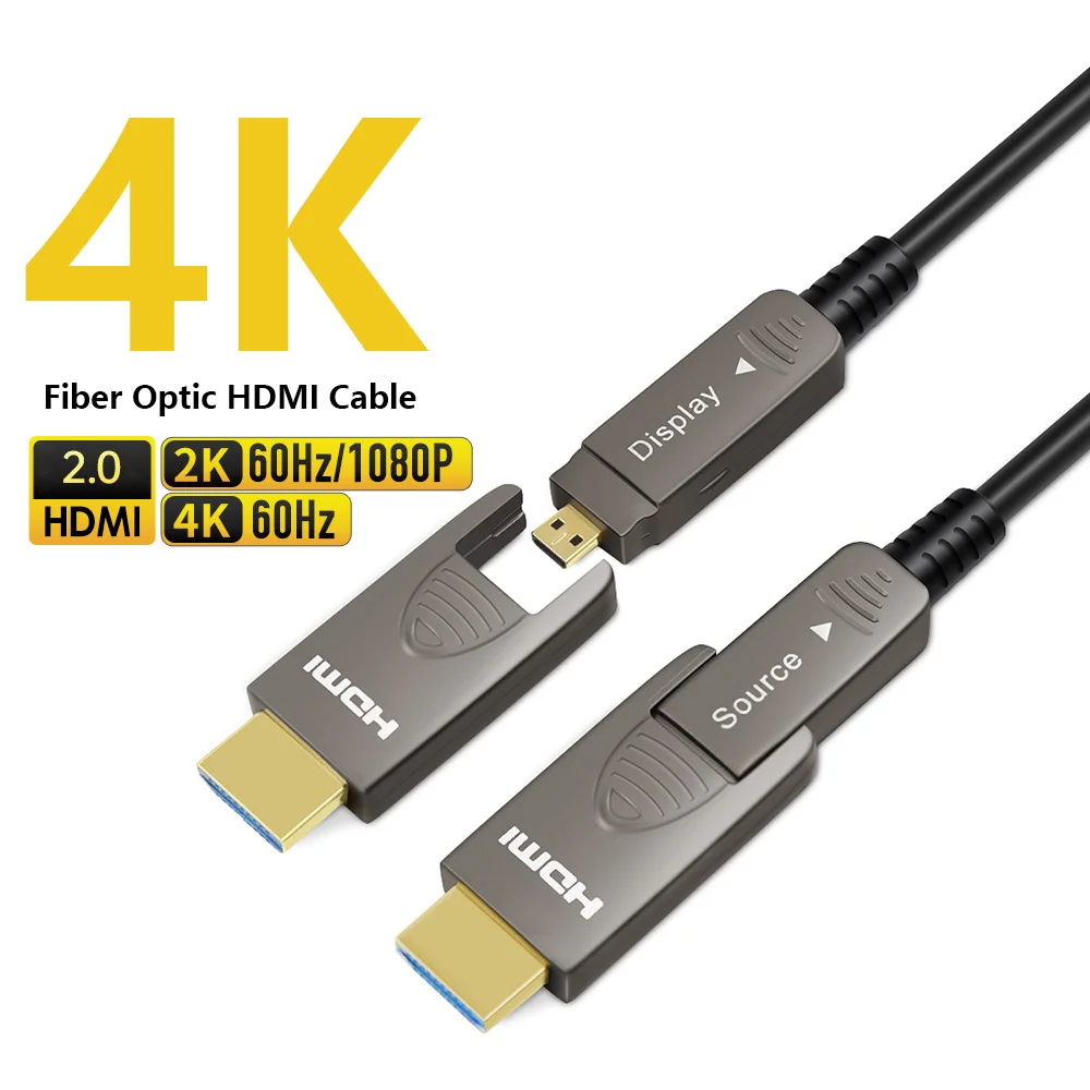 

Fiber Optic HDMI 2.0 Cable 4K 60Hz 18Gbps High Speed Detachable Dual Connector Micro HDMI and Standard HDMI Cord 3-30M Long
