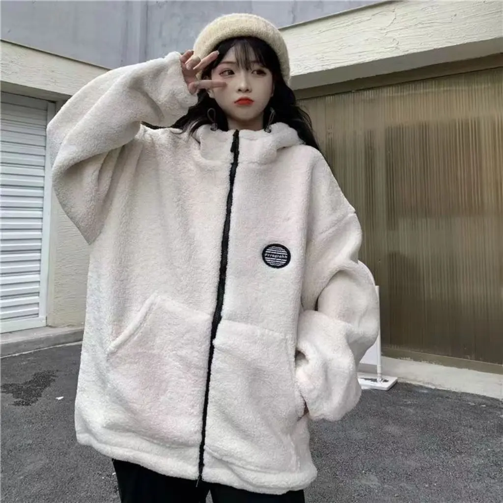 

Women's Fleece-Lined Lamb Velvet Coat Cute Panda Design Thickened Autumn Winter Jacket Academic Style 300g