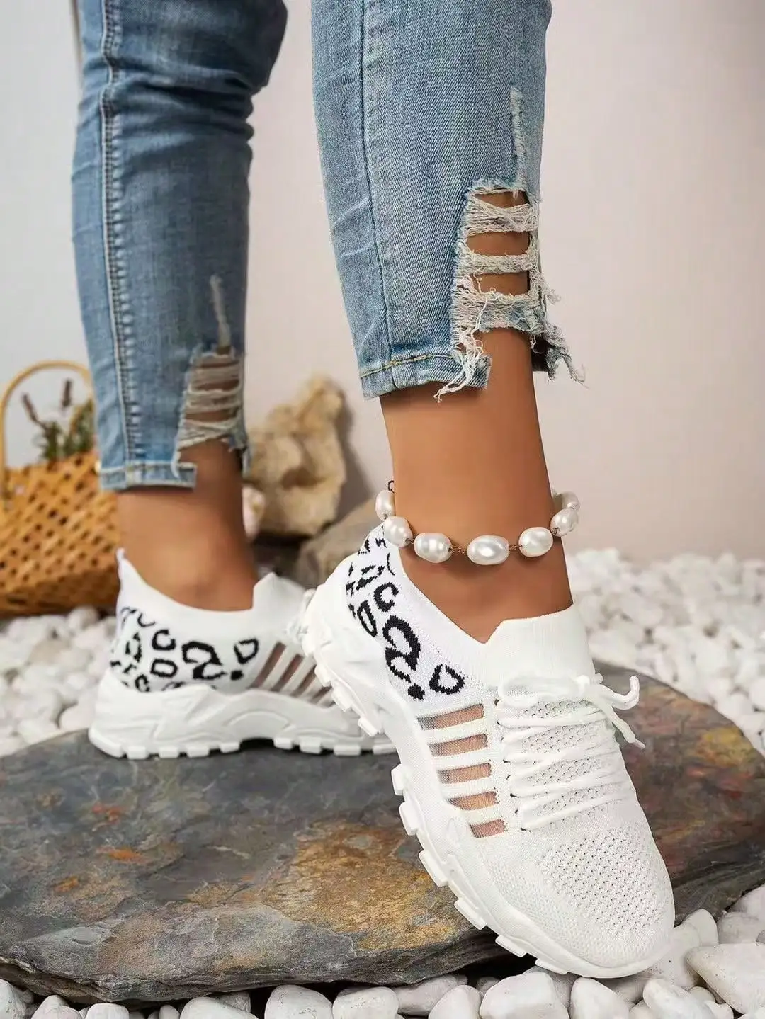 

Leopard Print Mesh Lace Up Platform Sneakers Breathable Lightweight Casual Running Shoes For Women