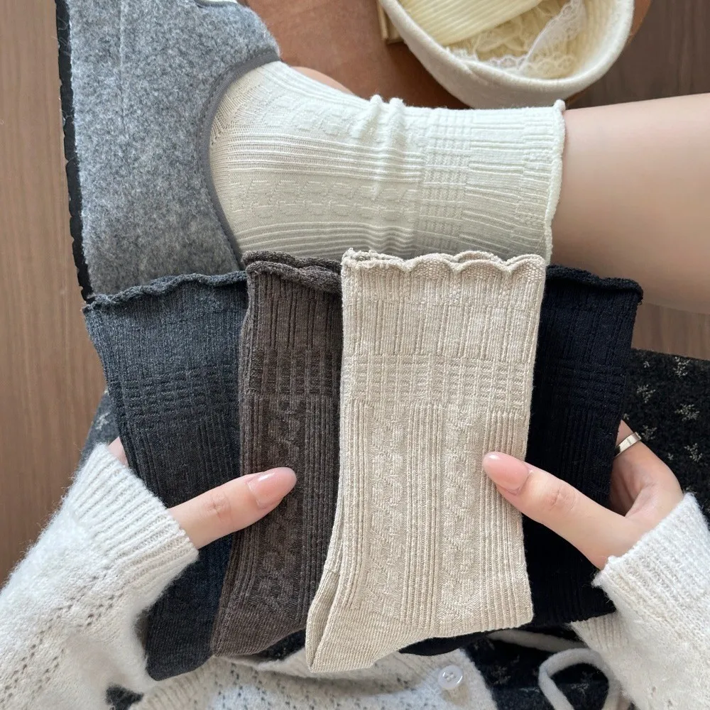 Japanese Vintage Cable Knit Slouch Socks Textured Pattern Mid-Calf Socks Double Needle Cotton Long Socks for Women Spring Fall