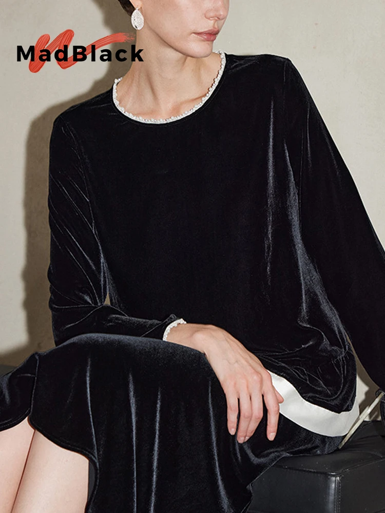 MadBlack-Silk Velvet Elegant T-shirt, Long Sleeve O Neck Beading, Woman French Sweet Design Sense Doll Top, 2026 Autumn T64682CC