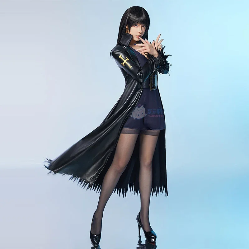 Movie Nico Robin Cosplay Costumes Women Sexy V neck Dress BlacK Leather Trench Coat Suits Halloween Carnival Roleplay Clothes