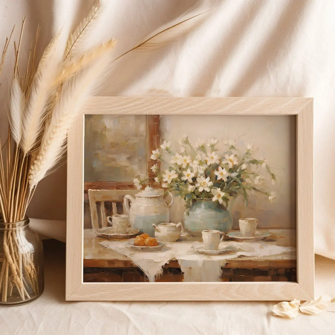 Tea Table Still Life Oil Wall Decor Print - Perfect Gift for Cottage & French Country Home Stylists, Tea Lovers, or anyone furn