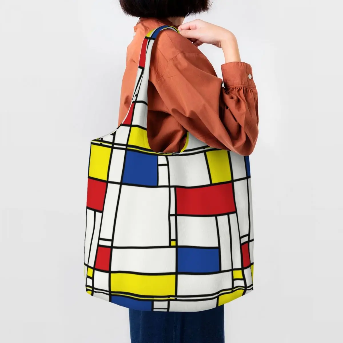 Custom Piet Mondrian De Stijl Grocery Tote Shopping Bag Women Modern Art Canvas Shoulder Shopper Bags Large Capacity Handbag