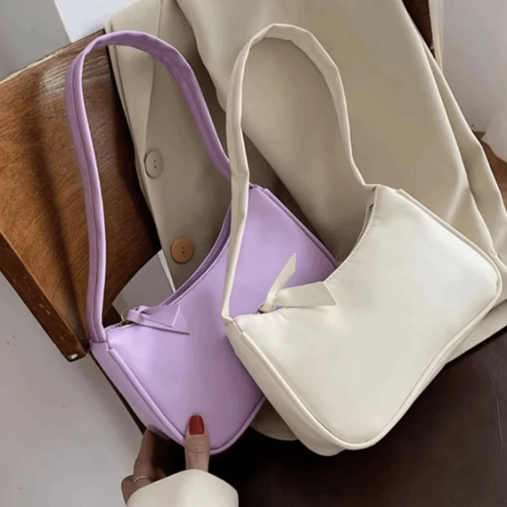 

Minimalist Design Retro Forearm Bag Top Handle Underarm Style PU Leather Bag Small Size Vintage Look Bow Handbag Casual Wear