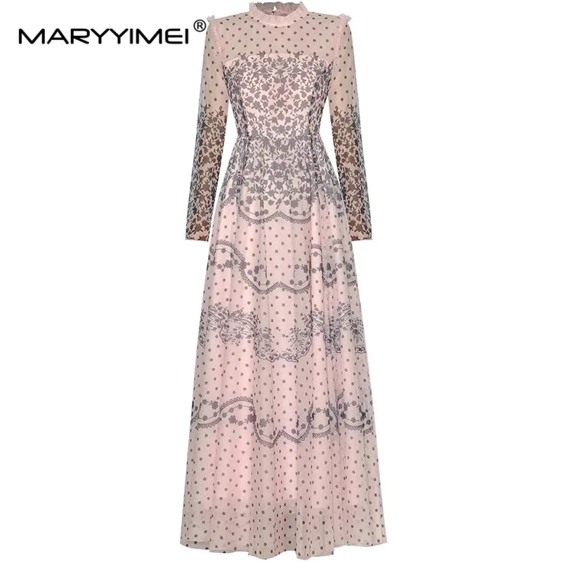 

MARYYIMEI Fashion Design Spring Summer Women's Stand Collar Long-Sleeved Dot Ink Wash Print High Waisted Dresses