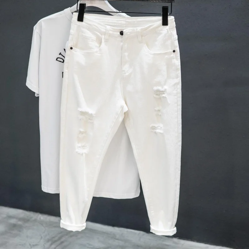 

2023 New Men White Jeans Fashion Ripped Hole Slim Stretch Ankle-length Harem Pants Comfortable Male Streetwear Denim Trousers