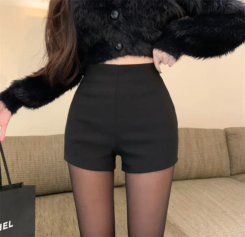 

Hsa Black thick fleece winter shorts womenautumn and winter sexy stretch high waisted and spicy girls tight and buttocks bottom