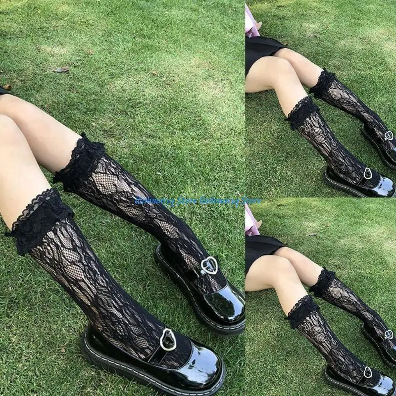 

573B Long Tube Lace Mesh Knee High Socks Studnet High Tube Calf Stockings