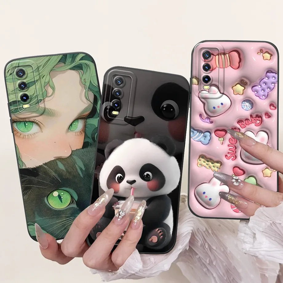 For Vivo V2027 V2028 V2029 Phone Case Aesthetic Cartoon Panda Rabbit Camera Protection Matte Soft Cover On Vivo Y20 Y20i Y20s