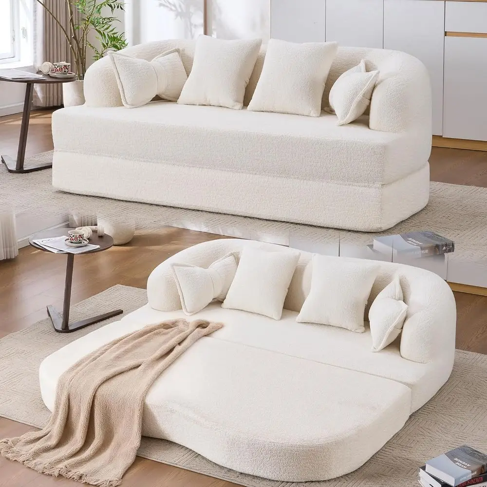 

70 Convertible Folding Sofa Bed, 2-in-1 Loveseat Couch, Wood-grain Soft Chenille with 4 Pillows, Sleeper Sofa Love Seat Small Co