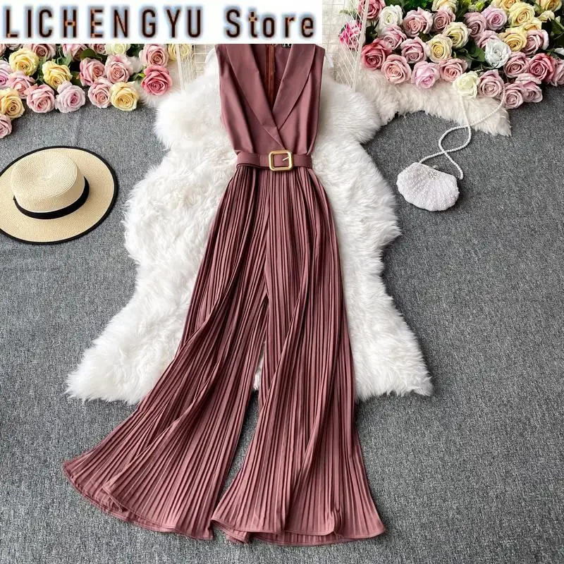 Sweet Women Jumpsuits Pleated High Waist Notched One-piece Fashion Flared Wide Leg Pants Spring Summer