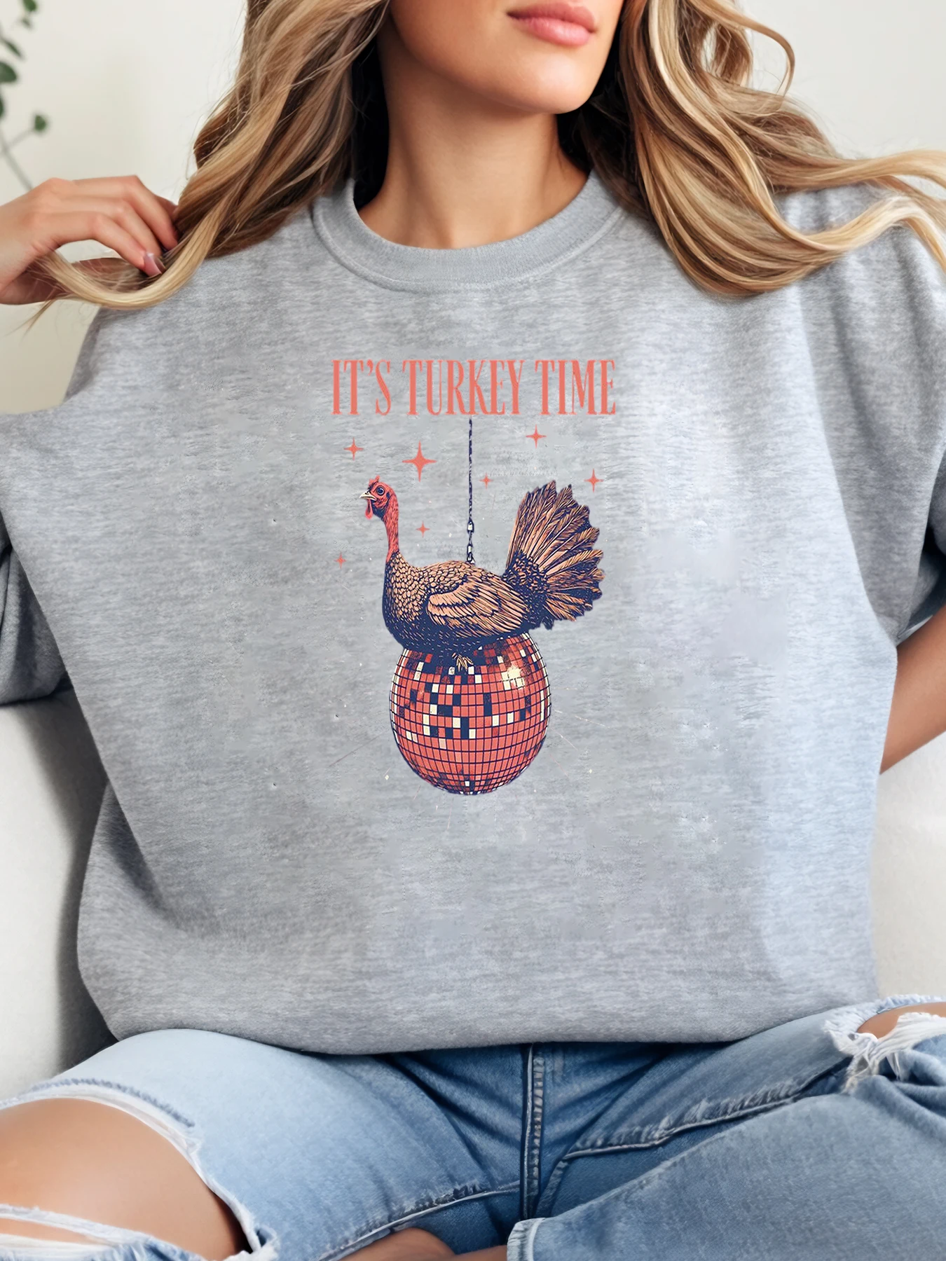 

Турция с принтом диско-шара, толстовка на День Благодарения, женская повседневная одежда, серая, больших размеров