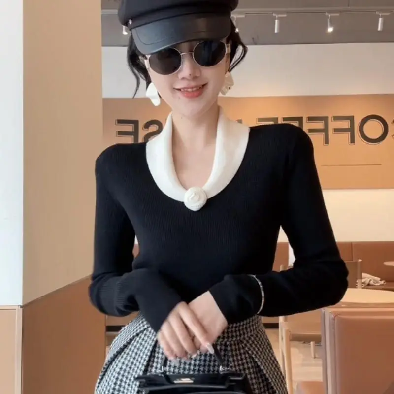 

Женские вязаные пуловеры с контрастными вставками, осенне-зимние, с длинным рукавом, универсальные, элегантные, модные, в корейском стиле