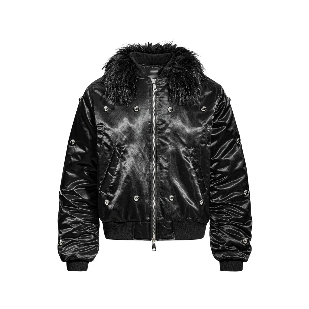 معطف مبطن بياقة من الفرو للرجال بتصميم معدني ثقيل، سترة هيب هوب عصرية بسحاب مزدوج للرجال