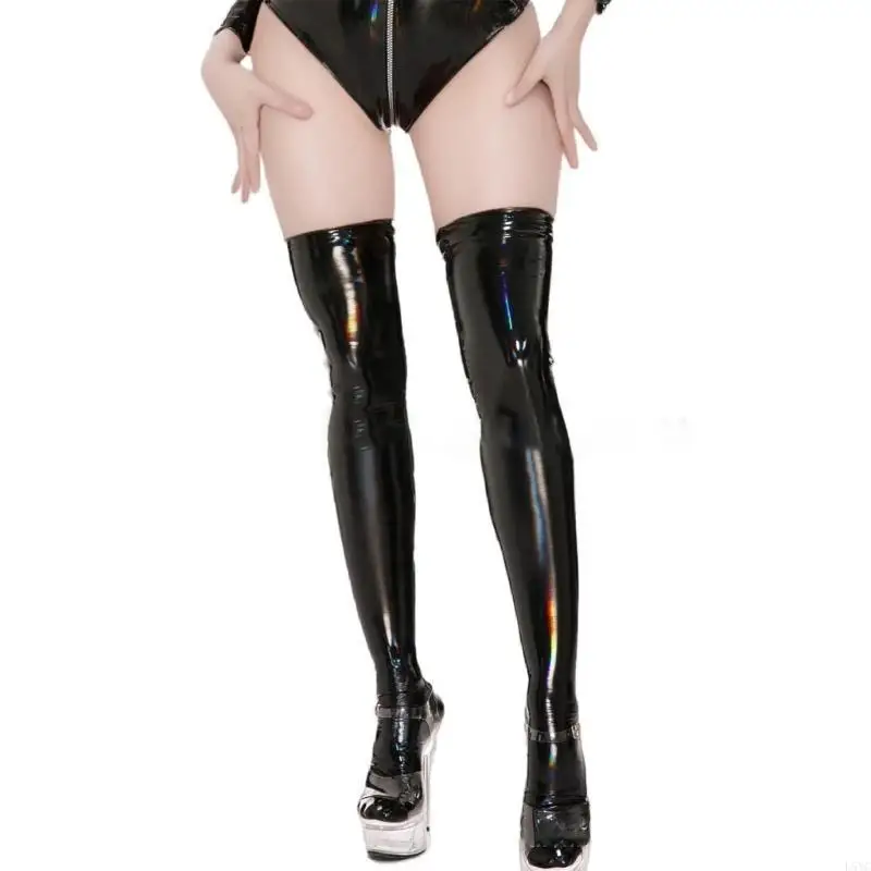 L5YC Women Women Women High Stocking Oil Glossy على جوارب الجوارب الفاك