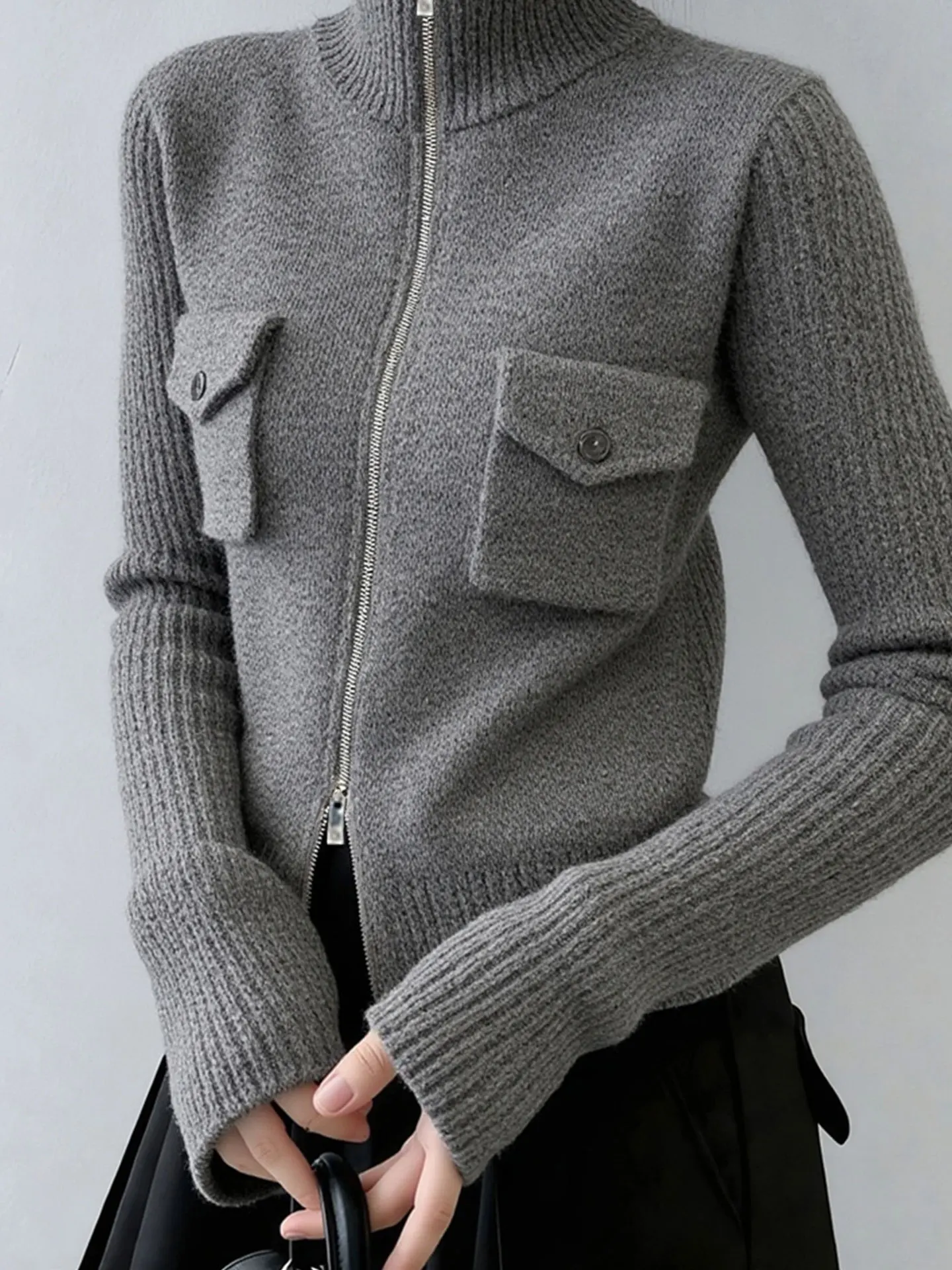 Diseño coreano doble cremallera larga Sve Camere cárdigan abierto de punto invierno Color puro suéter Faionable Top para mujer