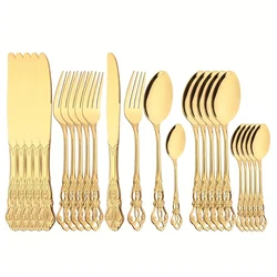 4/24pcs Elegant and durable vintage crown cutlery set - stainless steel cutlery for restaurants, home, parties and weddings