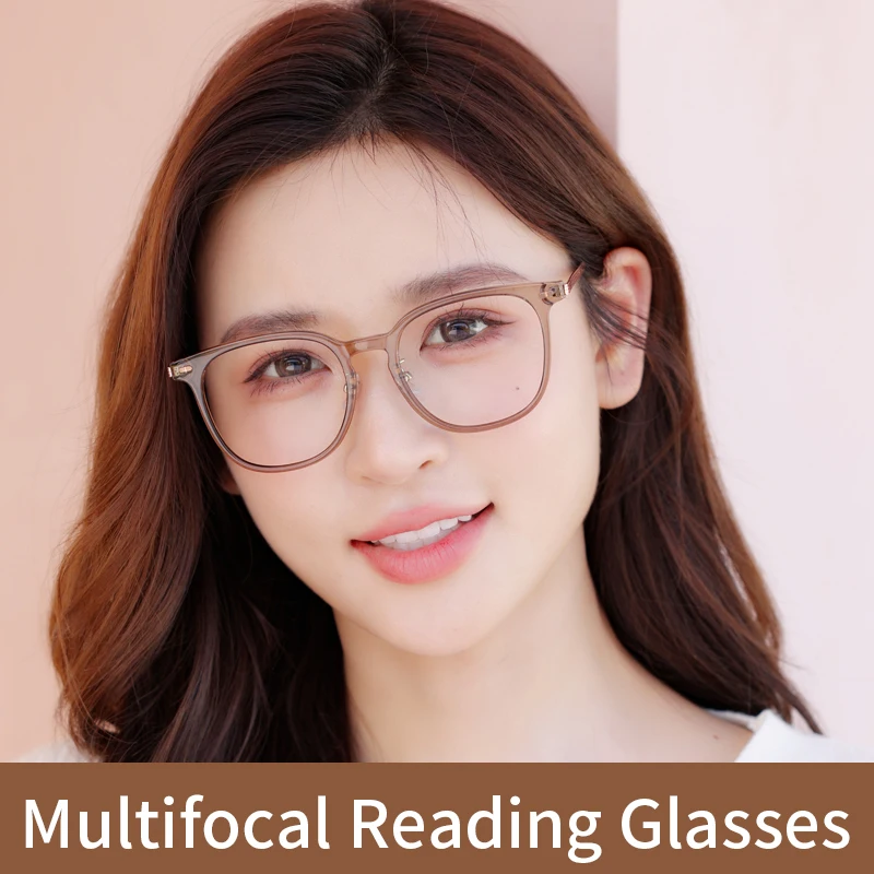 Progressive Multifocus Large Square Frame Reading Glasses Blue Light Blocking for Women Men No Line  Readers Titanium & TR90