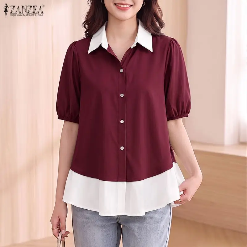 ZANZEA Woman Color-Block Shirts Elegant Lapel Puff Sleeves Button Up Peplum Blouses Summer Casual Daily Wear Chemises Femme 3XL