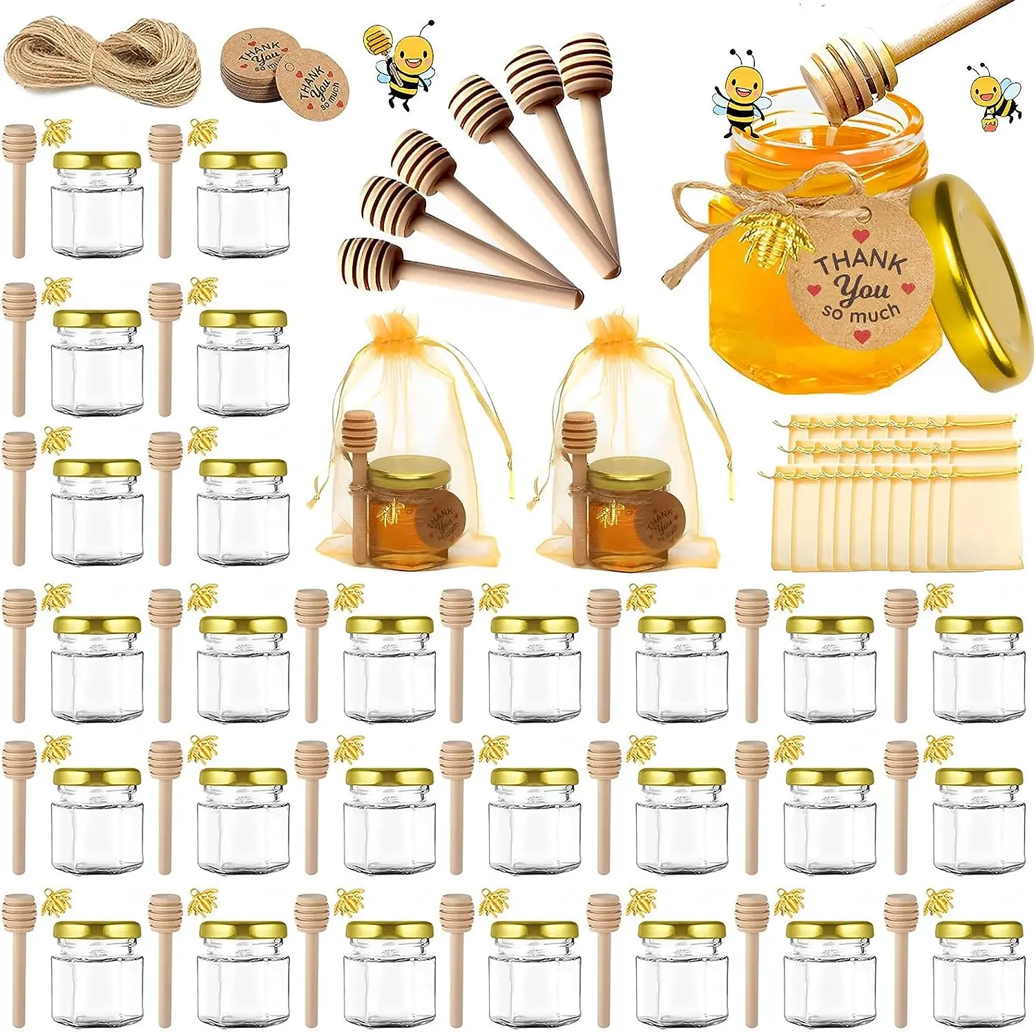 60-Count 1.5 oz Mini Hexagonal Glass Honey Jars  Small Honey Jars with Wooden Dippers Bee Charms  Honey Jars with Gold Lids for