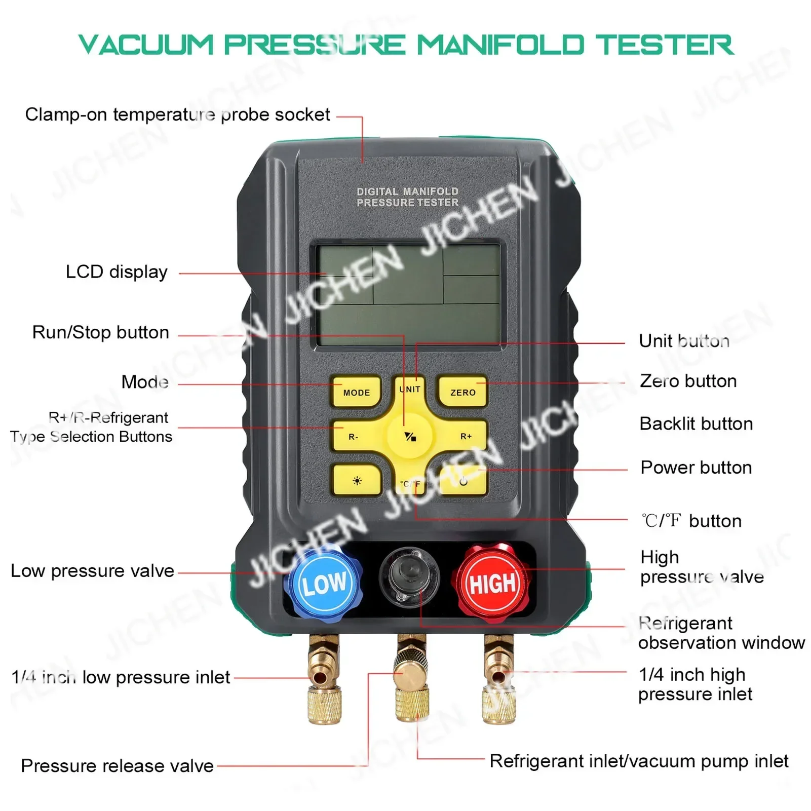  DY522A Digital Manifold Meter Air Conditioning Vacuum Gauge for Refrigeration HVAC Vacuum Pressure Temperature Tester Set