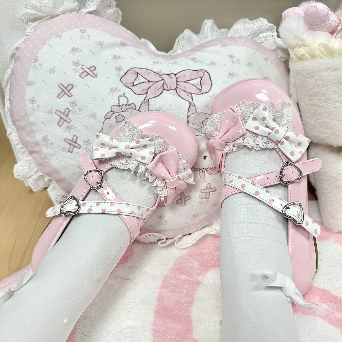 

Sweet Lolita Shoes Low Heel Summer Heels Round Head Bow Pink Platform Party Dress Mary Jane Shoes Pumps Flats Leather Women