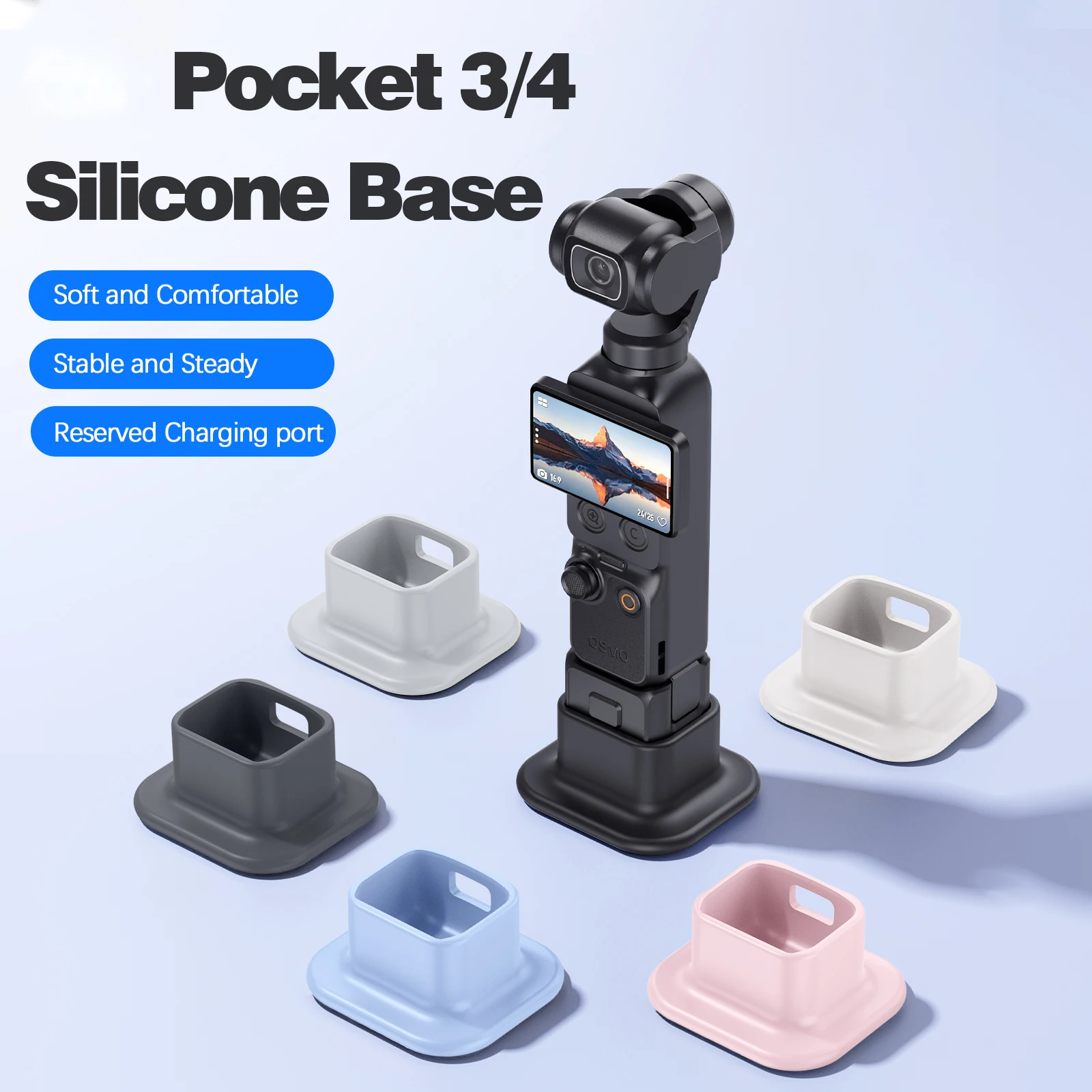 

Silicone Anti Slip Base Stand for DJI Pocket 4/3 Food Grade Liquid Silicone with Charging Port Cutout