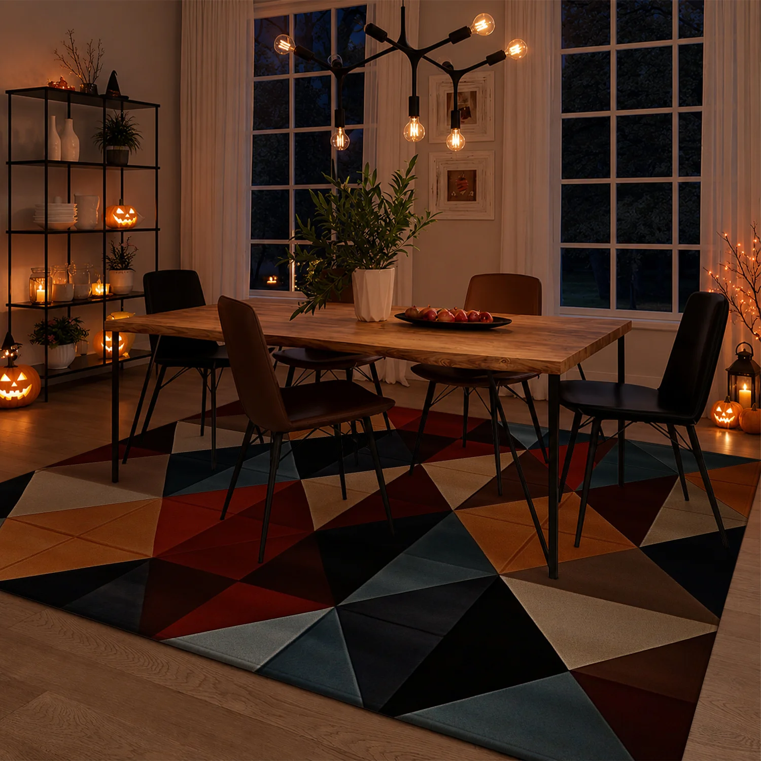 Large Indoor Area Rug Soft Velvet Low Pile Non-slip Dotted Backing Machine Washable, Modern Geometric Triangle Pattern Area Rug in Warm Burnt Orange Red Charcoal for Living Room Bedroom