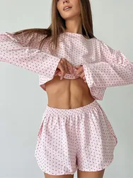 Women Pink Heart 2 Piece Short Sets Loose Long Sleeve Cropped Tops Shorts Pajamas Female Casual Outfits Loungewear Sleepwear