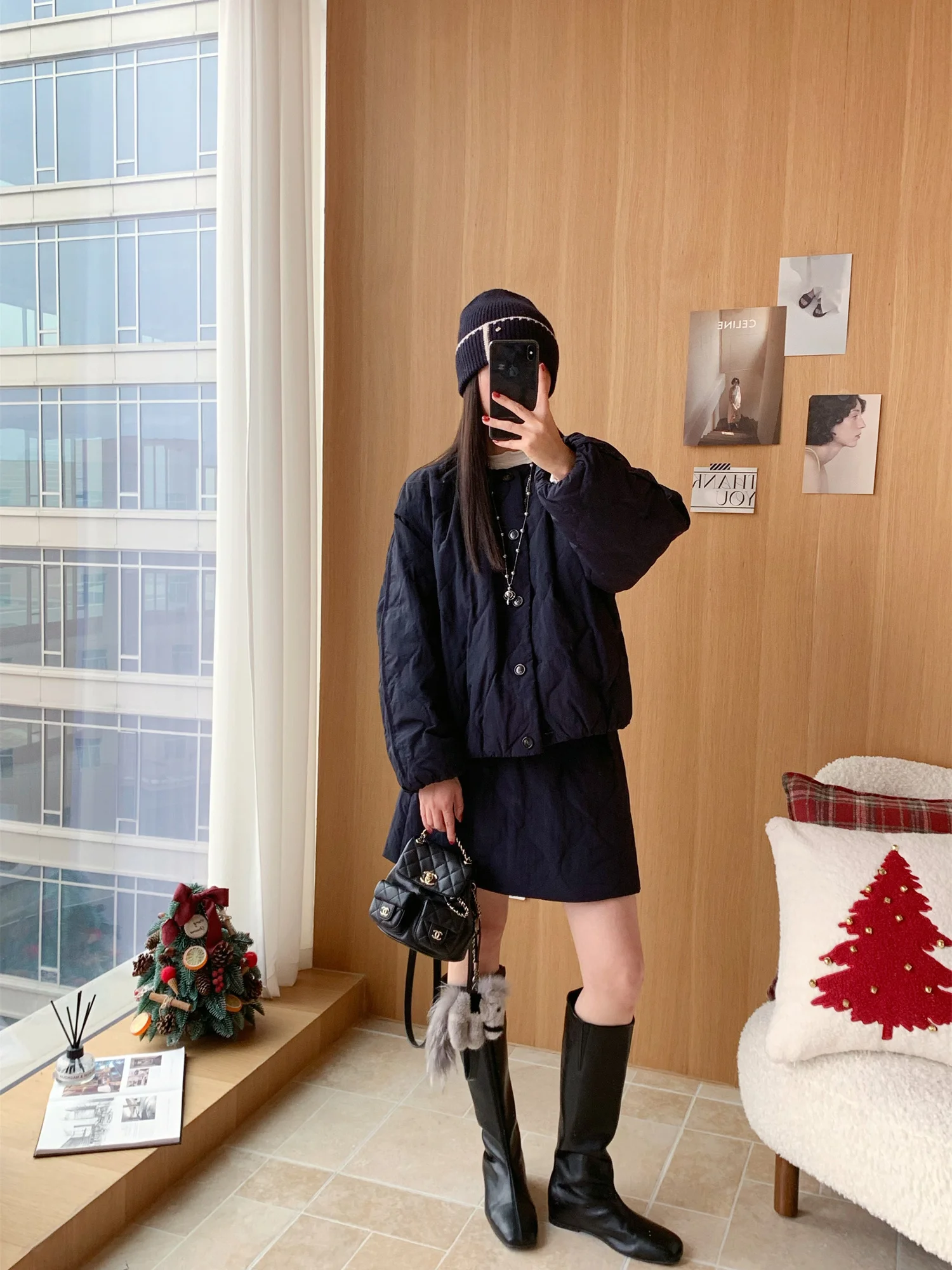 

Retro Flipped Cute Flower Bud ape round Nedown Quilted Coat Skirt Set Women's Casual Sle Thiened Long Sve Coat