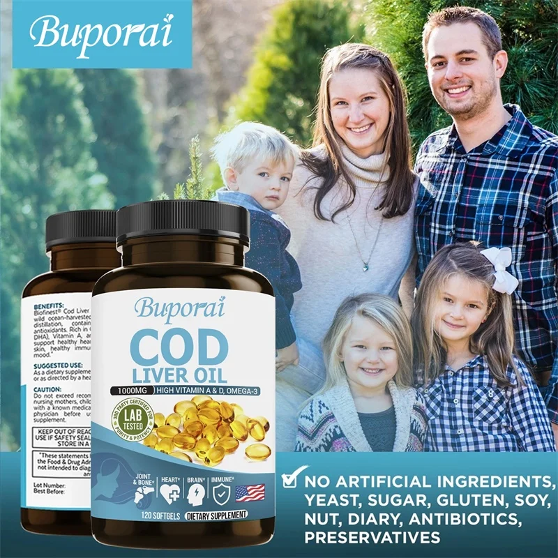 كبسولات زيت كبد سمك القد، غنية بفيتامين أ ود، تساعد على الحفاظ على البشرة الصحية والدماغ والعظام القوية وتحسين الذاكرة