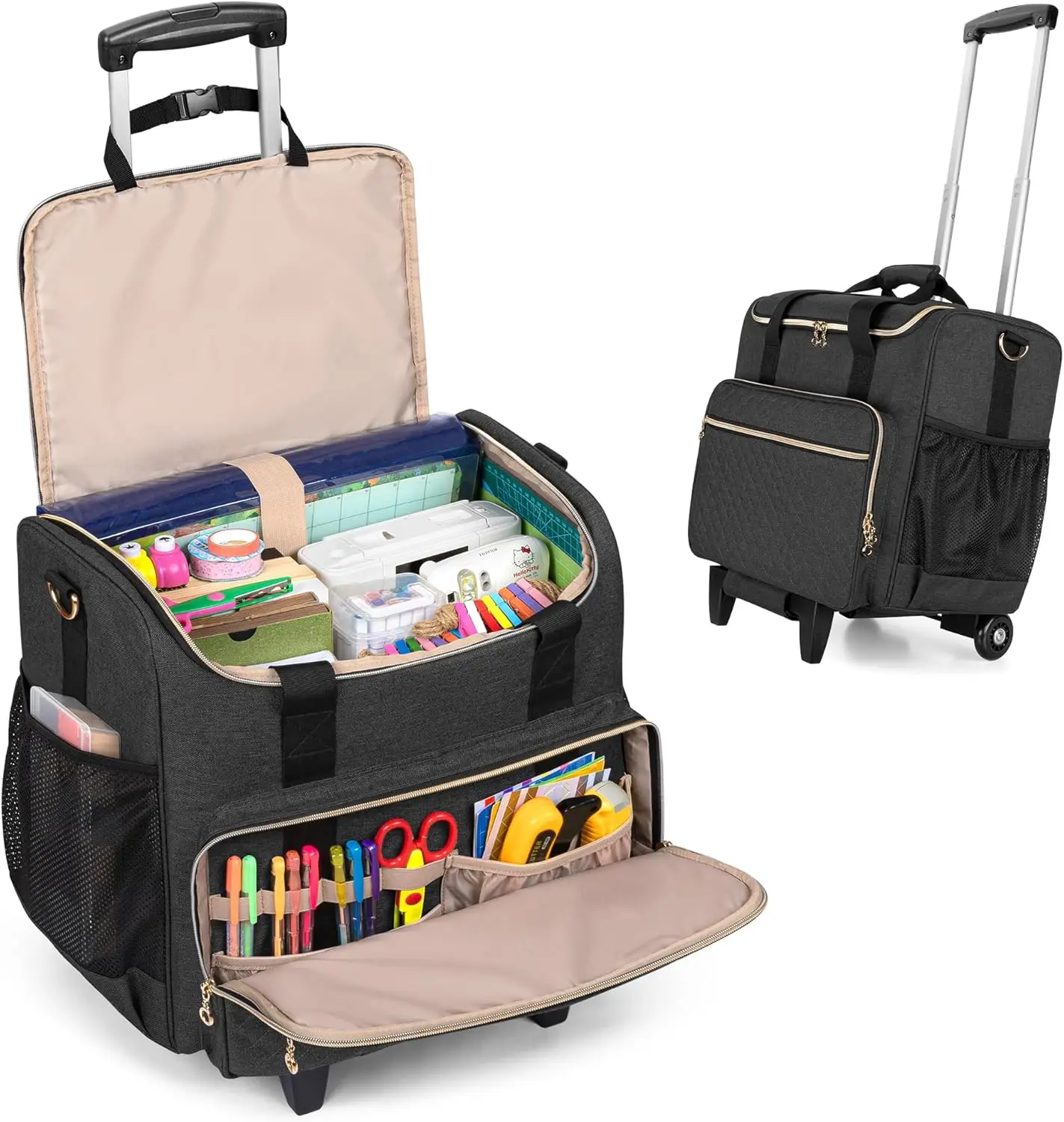 

Rolling Craft Bag with Pockets for 12x12 Scrapbook Album and Laptop, Detachable Dolly, Black