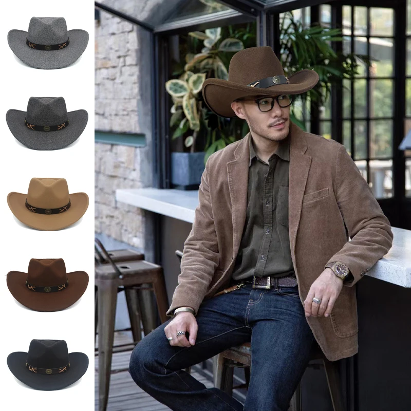 

Men Women Wool Blend Western Cowboy Hats Wide Brim Sunhats Party Travel Sombrero Outdoor Caps Classical Retro Adjustable Size