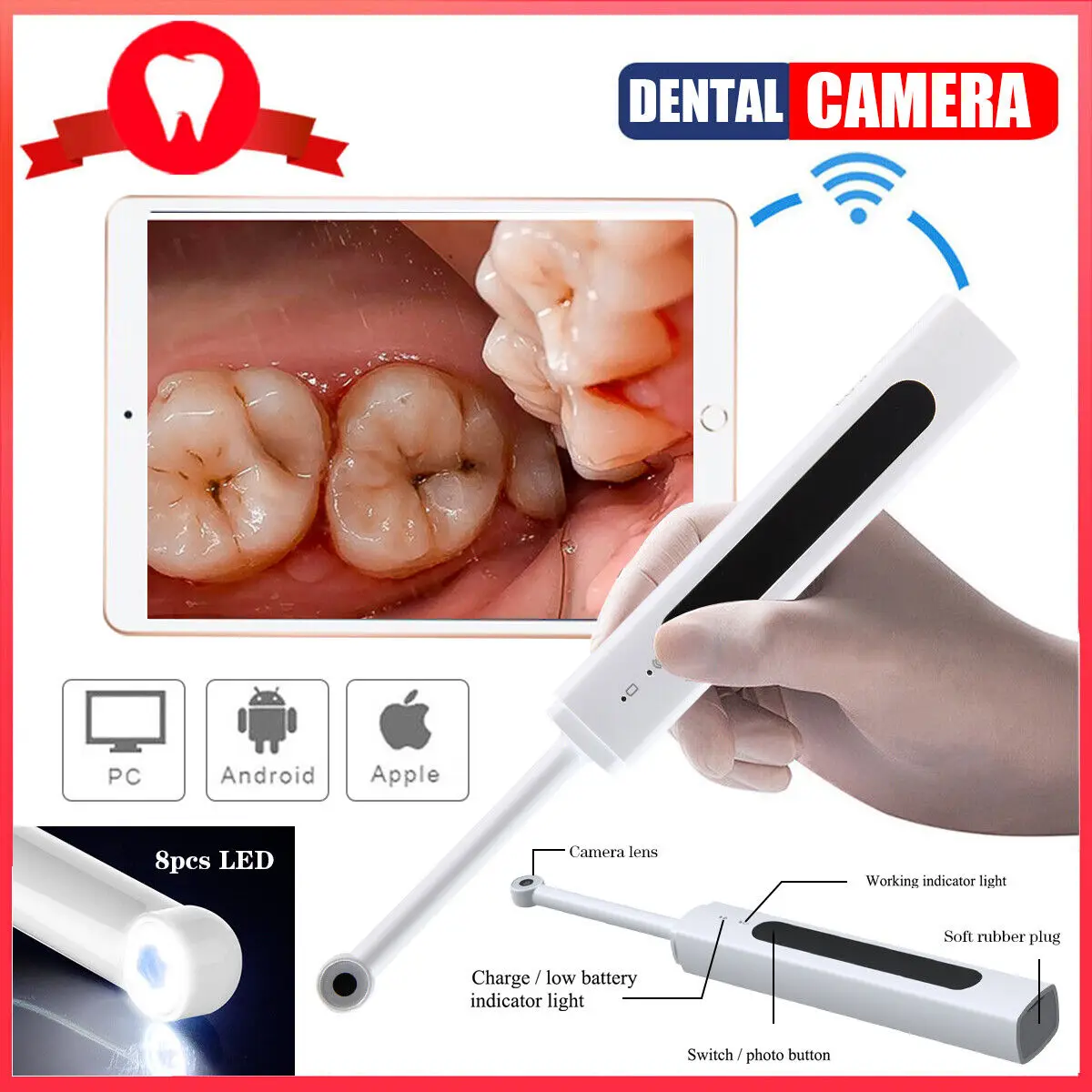 Wireless Dental Camera Wifi Oral Endoscope 300W Pixel Intraoral Teeth Inspection Endoscope HD Video for IOS Android