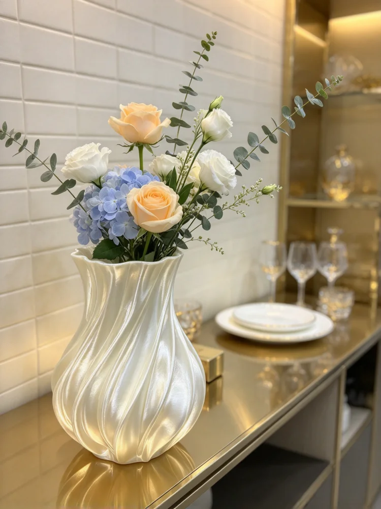Modern Home Decor Pearlescent Swirl Vase, 3D Printed Silk White Flowing Texture Flower Vessel, Unique Wave Sculpture Design That Breaks the Traditional Vase Design Mold, Pearlescent Milky White Color Easily Blends with Various Home Decor Styles, Can Be Used as a Decorative Piece for Coffee Tables, Side Cabinets, and Dressing Tables, Can Also Be Used to Insert Small Flower Bouquets to Enrich the Visual Layering of the Space, Suitable for Various Home Decor Styles Such as Cream Style, Wabi-Sabi Style, Nordic Style, Etc., a Creative Soft Decor Piece That Enhances the Sophistication and Artistic Appeal of the Space