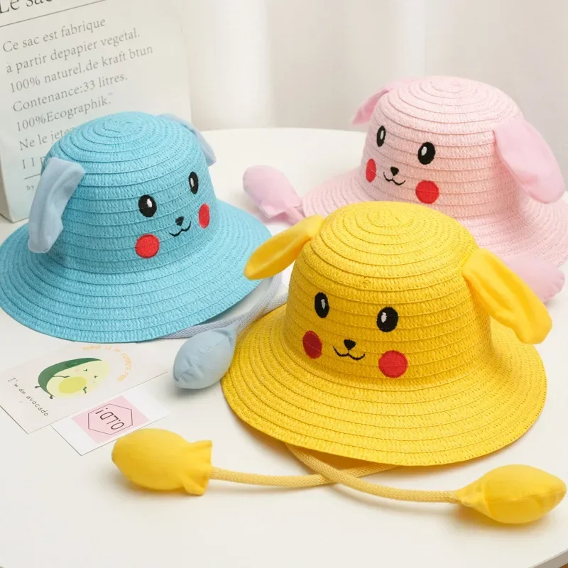 Pokemon Pikachu 2021 New Head Circumference 52-54cm Children\'s Hat Ears Will Move Rabbit Hat Boys and Girls Straw Stands Sun Hat