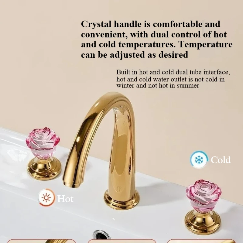 Luxury Basin Faucet with Light All Copper Split Type Three Hole Household Hot and Cold Faucet Exquisite Handle for Bathroom