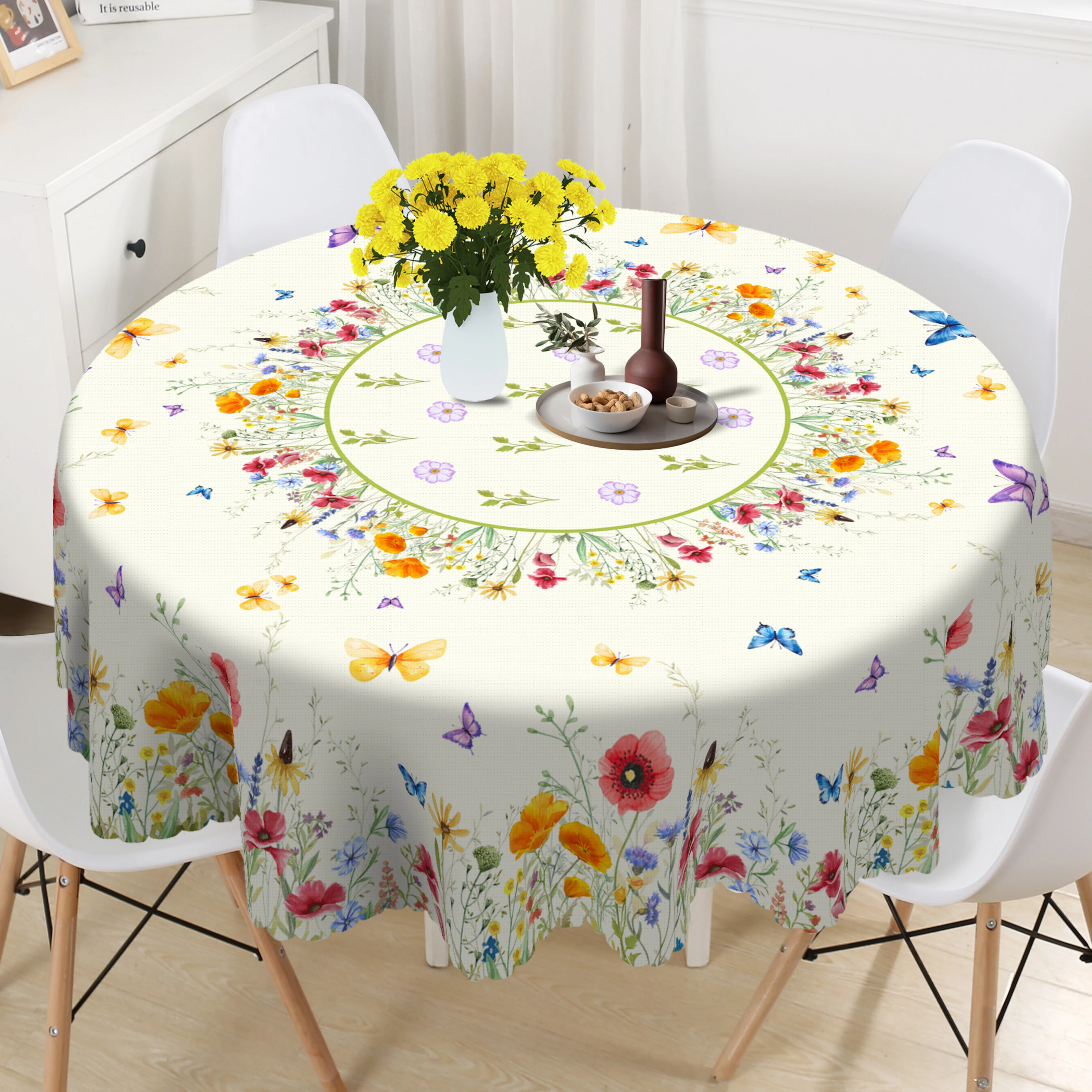 1 Piece, Spring Floral Themed Polyester Tablecloth + 4 Self-Adhesive Stickers, Colorful Spring Flower Fields with Floral Patterns, Dancing Butterflies Print, Embossed Edges, Suitable for Home Kitchen, Living Room Dining Table, Balcony Coffee Table, Holiday Party Table Decoration, Outdoor Picnic Decoration, Coffee Table Decoration Tablecloth Table Cover, Perfect Holiday Gift, Spring, Summer, Autumn and Winter Tablecloth Decoration Printing-31