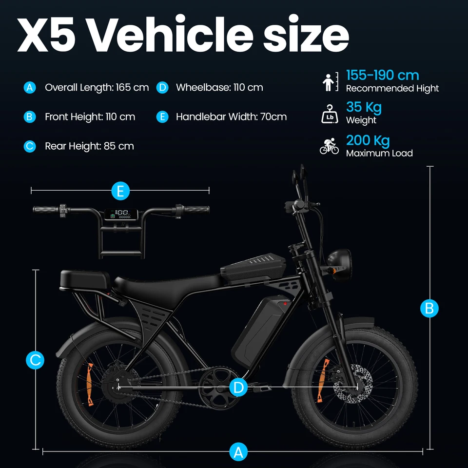Aairsk X5 Electric Bike  for Adults Peak 1500W Motor 48V 15Ah Lithium Battery 25MPH Top Speed 30-50Mles Range 20" Fat Tire E-Bike with Ergonomic Passenger Seat & LCD Display for Adults Who Love Snow Sand Mountain & Weekend Adventures E Bike image 9
