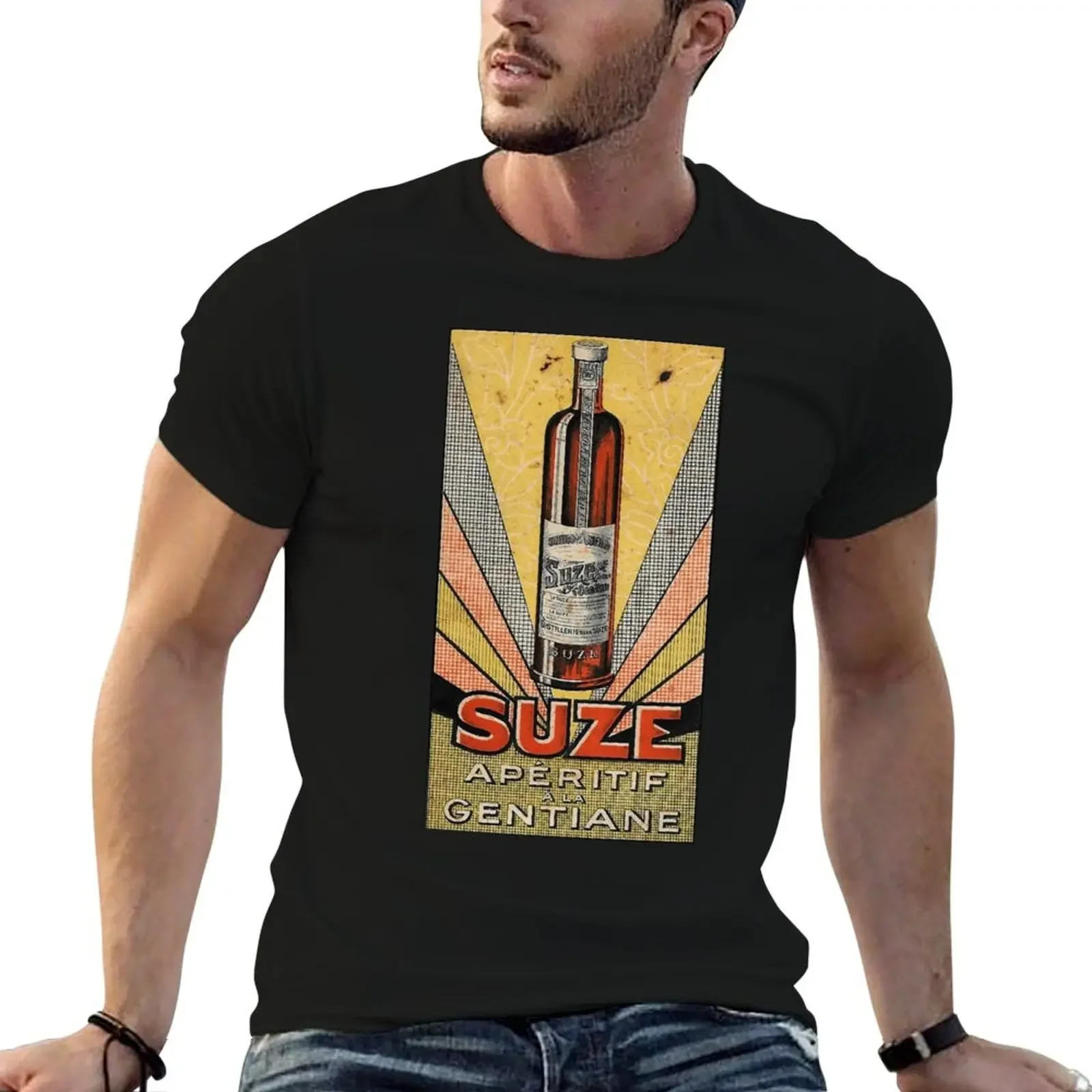 Vintage-Werbeposter SUZE – Gentian Aperitif Fitted V-Ausschnitt T-Shirt Hippie-Kleidung schwere T-Shirts für Männer