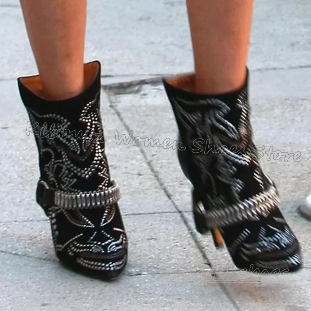 

Ankle Modern Boots Buckles Crystal Totem Slip-On Fashion Elegant Concise Sexy Luxury Women Shoes New Pointed Toe Thin High Heels