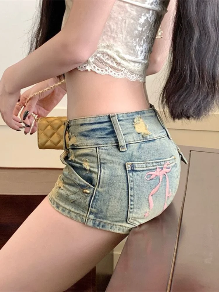 ADAgirl Bows Embroidery Jeans Shorts Women Y2k Streetwear Vintage Ripped Korean Slim Summer Denim Short Harajuku Causal Bottoms