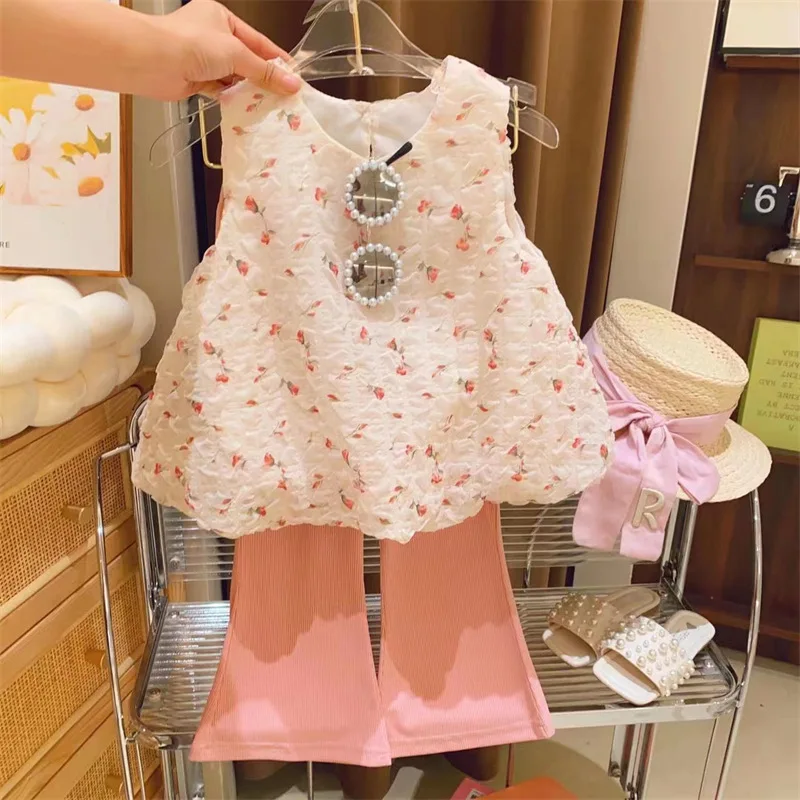 

Girls Suit2025Summer New Baby Stylish Textured Floral Vest Casual Flared Pants Two-Piece Set