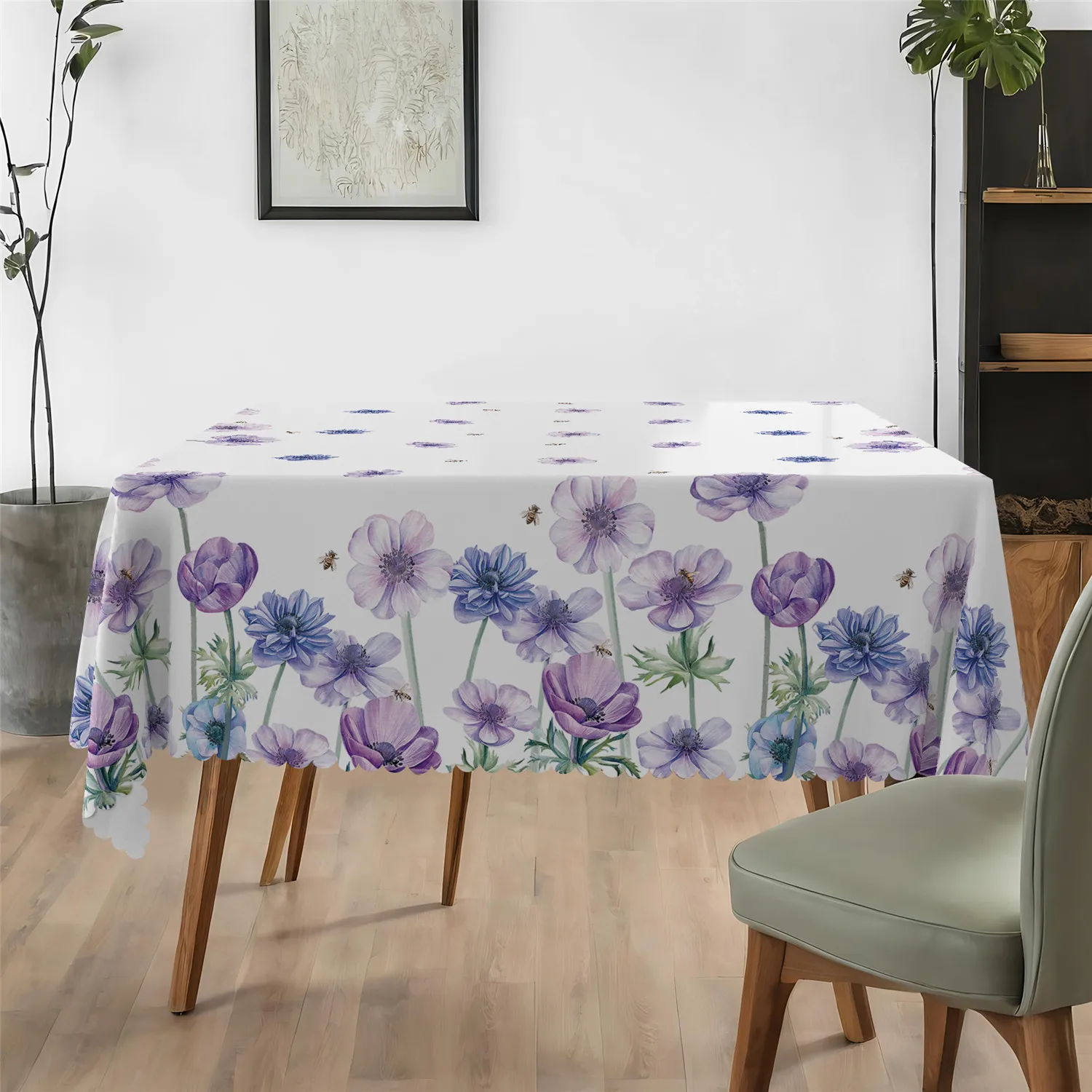 Purple Silver Lotus Bee Rectangle Tablecloth Holiday Party Decor Spring Watercolor Floral Dining Table Cloth Wedding Decorations